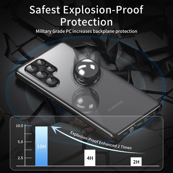 For Samsung Galaxy S23 Ultra Anti-peep Single-Sided Tempered Glass+PC Panel Anti-scratch Phone Cover with Safety Buckle and Magnetic Adsorption Metal Frame - Black