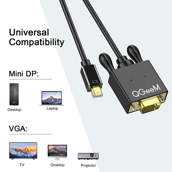 QGEEM QG-HD29 Mini DisplayPort to VGA Adapter Mini DP Male to VGA Male Converter Compatible with Computer HDTVs Monitors Projectors 1.8m