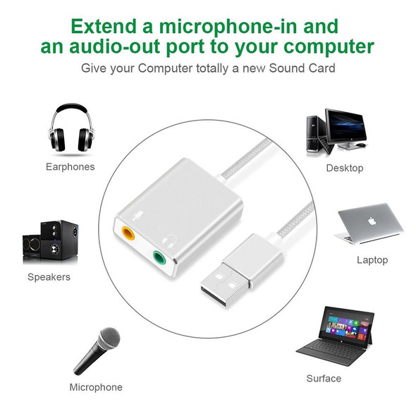 USB Audio Adapter External Stereo Sound Card with 3.5mm Headphone and Microphone Jack - Silver Color