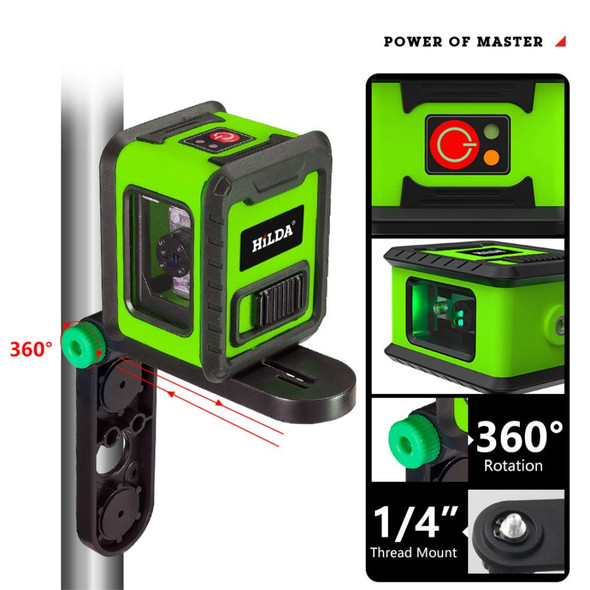 HILDA 2-Lines Cross Green Light Laser Level Meter Horizontal and Vertical Laser Self-Leveling Tool (with Wall Bracket and Storage Bag) - Green