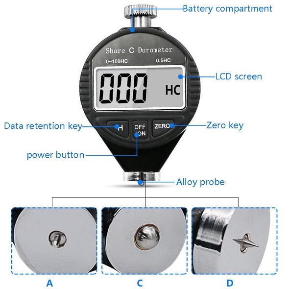 Electronic Digital Display Hard Meter Plastic Rubber Silicone Tire Hardness Meter, Model: 0-100HD D