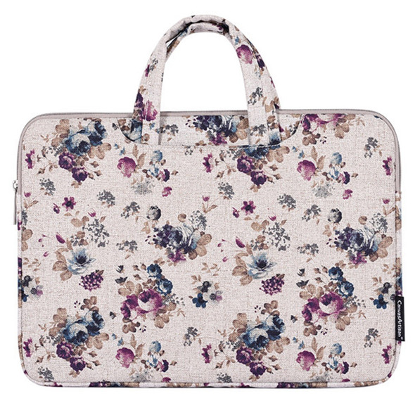 CANVASARTISAN H2-B02 Flower Pattern Zipper Laptop Sleeve Carrying Bag Handbag for 13-inch Notebook - Khaki