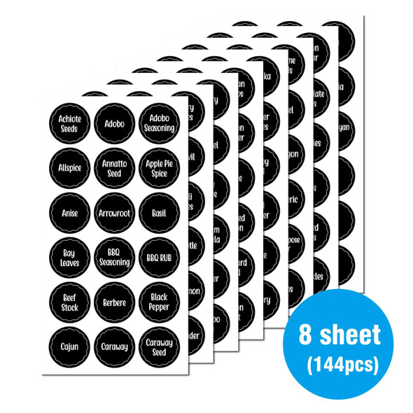 144 PCS Printed Spice Jar Labels Pantry Stickers Blackboard Stickers(Diameter 3.8cm)