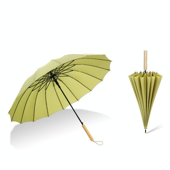 16 Bone Plain Straight Umbrella Small Fresh Long Handle Umbrella(Wood Handle Matcha Green)