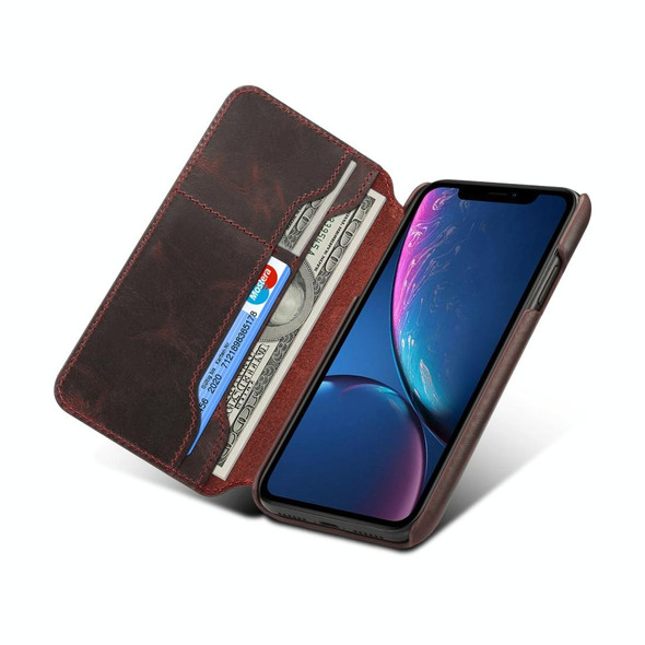For iPhone XR Oil Wax Cowhide Horizontal Flip Leatherette Case with Card Slots & Wallet