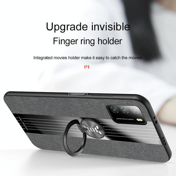 For Xiaomi Poco M3 XINLI Stitching Cloth Texture TPU Phone Case with Ring Holder(Brown)