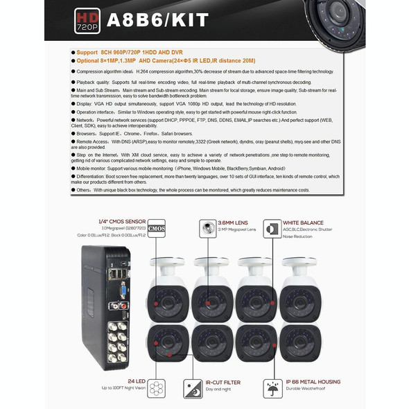 A8B6 8Ch Bullet IP Camera NVR Kit, Support Night Vision / Motion Detection, IR Distance: 15m