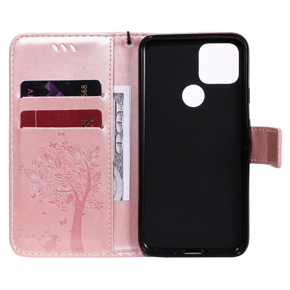 For Google Pixel 5 Tree & Cat Embossed Pattern Horizontal Flip Leatherette Case with Holder & Card Slots & Wallet & Lanyard(Rose Gold)