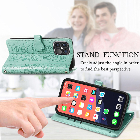 For iPhone 13 Pro Max Cute Cat and Dog Embossed Horizontal Flip Leatherette Case with Holder & Card Slots & Wallet & Lanyard (Green)
