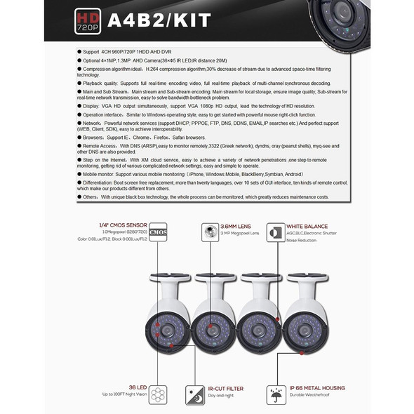 A4B2 4Ch Bullet IP Camera NVR Kit, Support Night Vision / Motion Detection, IR Distance: 20m (A4B2/Kit 960P 1.3 Mega Pixel)