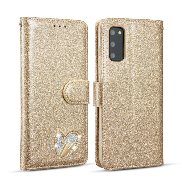 For Samsung Galaxy S20 Glitter Powder Love Leatherette Phone Case(Gold)