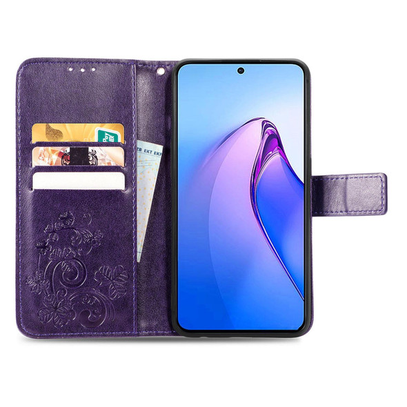 For OPPO Reno8 Pro Overseas Edition Four-leaf Clasp Embossed Buckle Leatherette Phone Case(Purple)