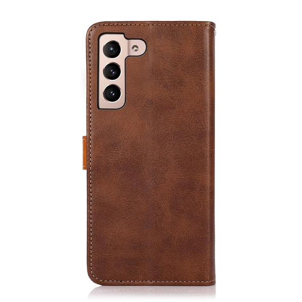 For Samsung Galaxy S23 KHAZNEH Dual-color Cowhide Texture Leatherette Phone Case(Brown)