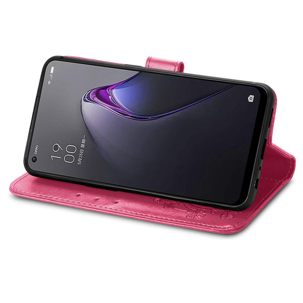 For OPPO Reno8 5G Four-leaf Clasp Embossed Buckle Leatherette Phone Case(Magenta)