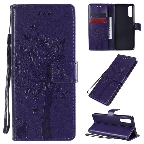 Sony Xperia 10 II Tree & Cat Embossed Pattern Horizontal Flip Leather Case with Holder & Card Slots & Wallet & Lanyard(Purple)