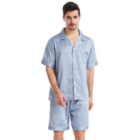 Summer Men Lapel Solid Color Short Pajamas Set, Size:L(Light Grey)