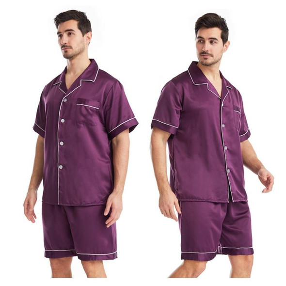 Summer Men Lapel Solid Color Short Pajamas Set, Size:L(Dark Purple)