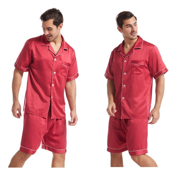 Summer Men Lapel Solid Color Short Pajamas Set, Size:L(Dark Red)