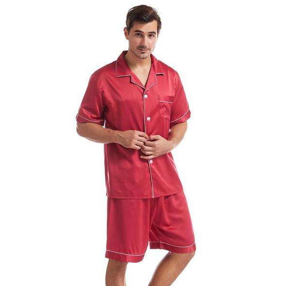 Summer Men Lapel Solid Color Short Pajamas Set, Size:L(Dark Red)