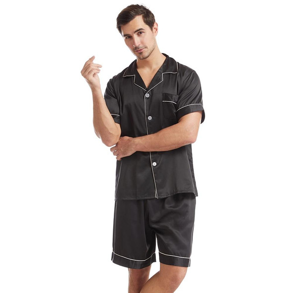 Summer Men Lapel Solid Color Short Pajamas Set, Size:XL(Black)