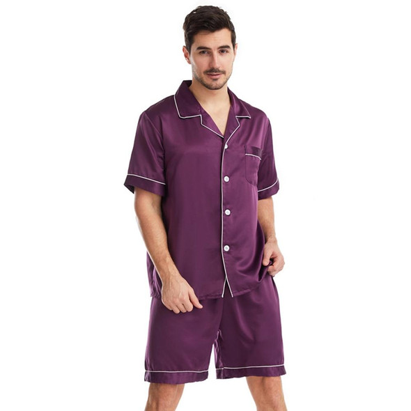 Summer Men Lapel Solid Color Short Pajamas Set, Size:XL(Dark Purple)