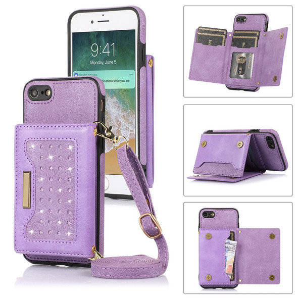 For iPhone 7/8/SE 2020/SE 2022 Three-fold RFID Leatherette Phone Case with Lanyard(Purple)