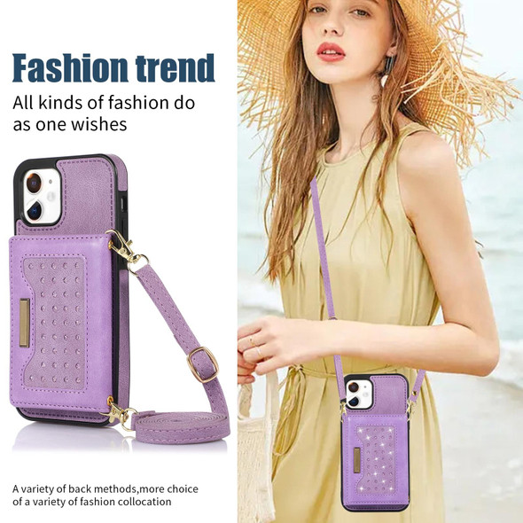 For iPhone 11 Three-fold RFID Leatherette Phone Case with Lanyard(Purple)