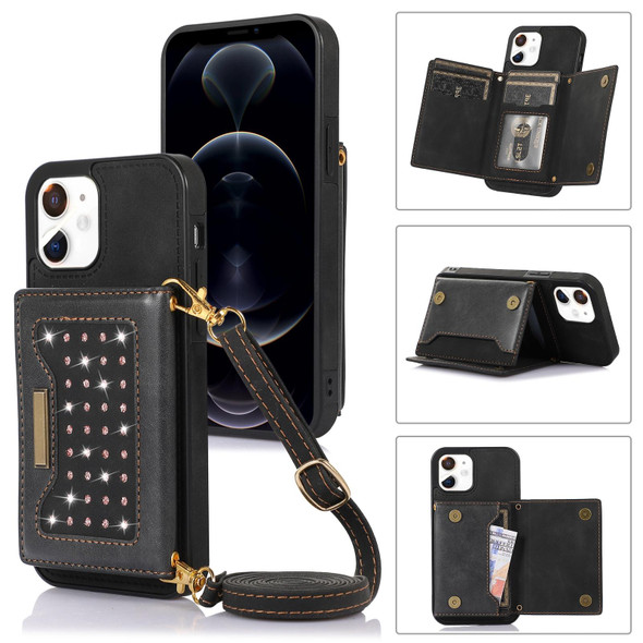 For iPhone 11 Three-fold RFID Leatherette Phone Case with Lanyard(Black)