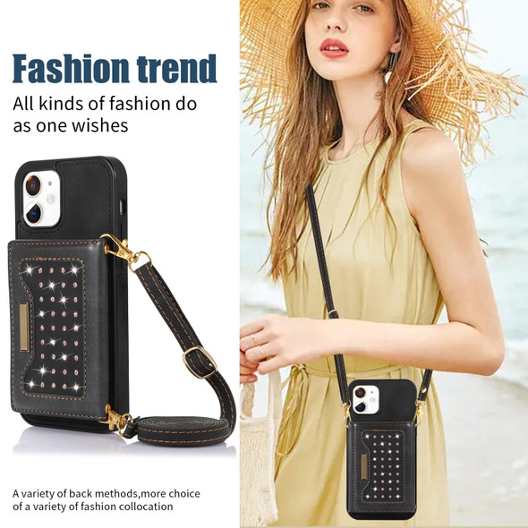 For iPhone 12 Three-fold RFID Leatherette Phone Case with Lanyard(Black)