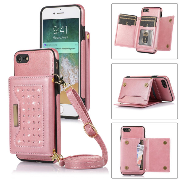 For iPhone 7/8/SE 2020/SE 2022 Three-fold RFID Leatherette Phone Case with Lanyard(Rose Gold)