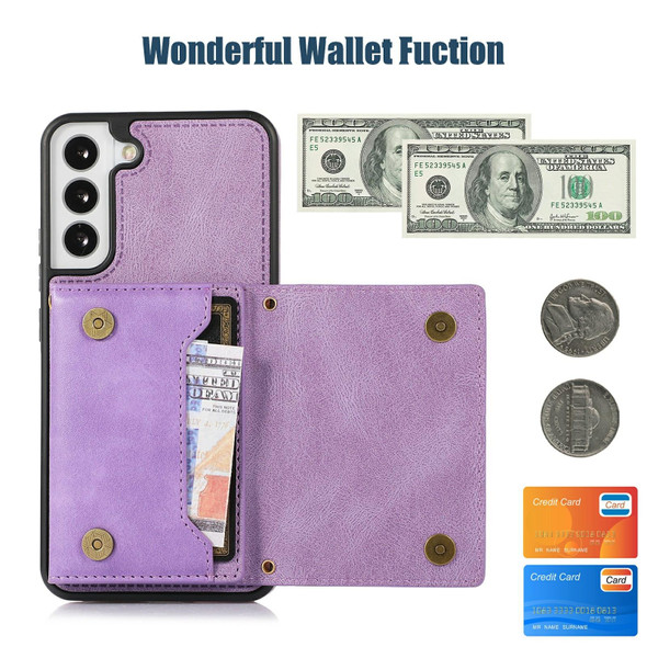 For Samsung Galaxy S21+ Three-fold RFID Leatherette Phone Case with Lanyard(Purple)