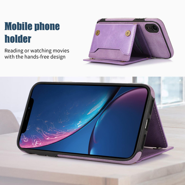 For iPhone XR Three-fold RFID Leatherette Phone Case with Lanyard(Purple)