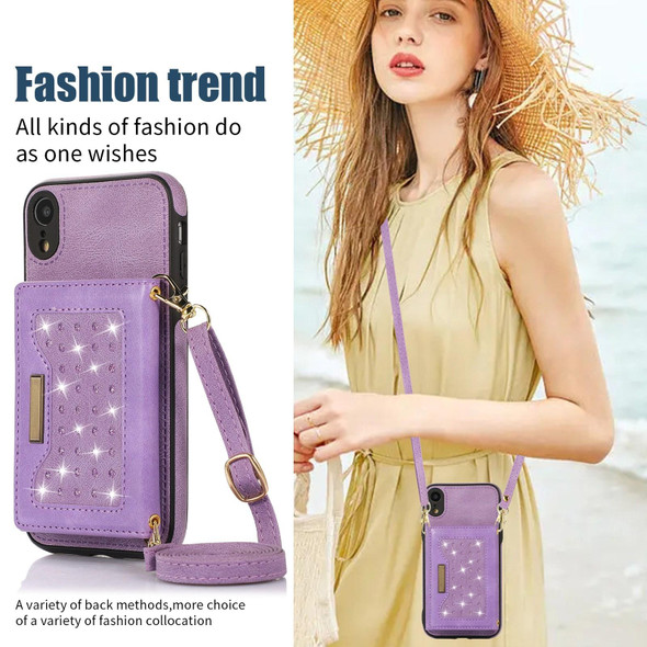 For iPhone XR Three-fold RFID Leatherette Phone Case with Lanyard(Purple)