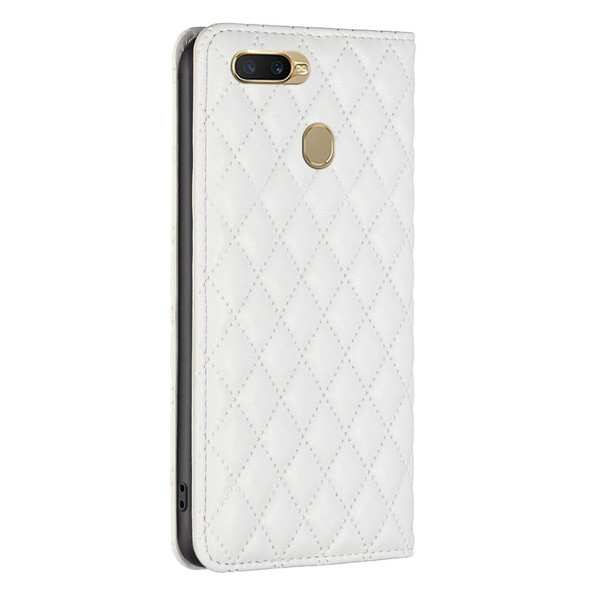 For OPPO A7 Diamond Lattice Magnetic Leatherette Flip Phone Case(White)