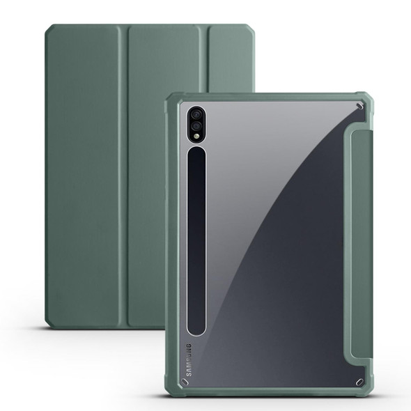 For Samsung Galaxy Tab S7+ Acrylic 3-folding Smart Leatherette Tablet Case(Dark Green)