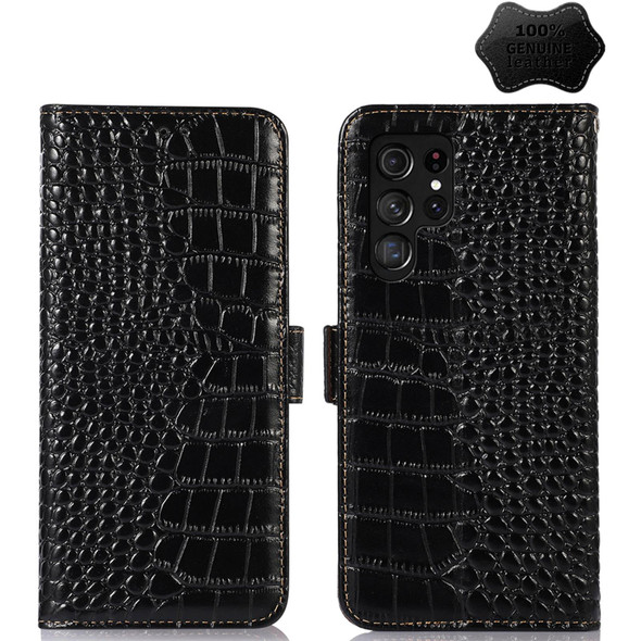 For Samsung Galaxy S23 Ultra 5G Crocodile Top Layer Cowhide Leatherette Phone Case(Black)