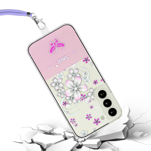 For Samsung Galaxy S22 5G Bronzing Butterfly Flower TPU Phone Case with Lanyard(Cherry Blossoms)