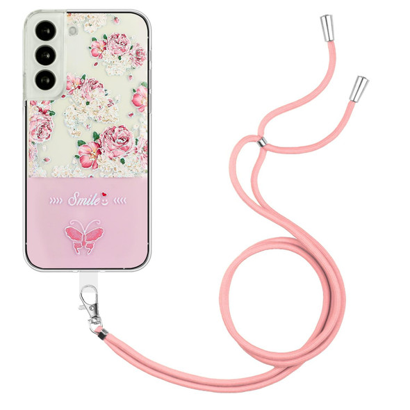 For Samsung Galaxy S21 FE 5G Bronzing Butterfly Flower TPU Phone Case with Lanyard(Peony)