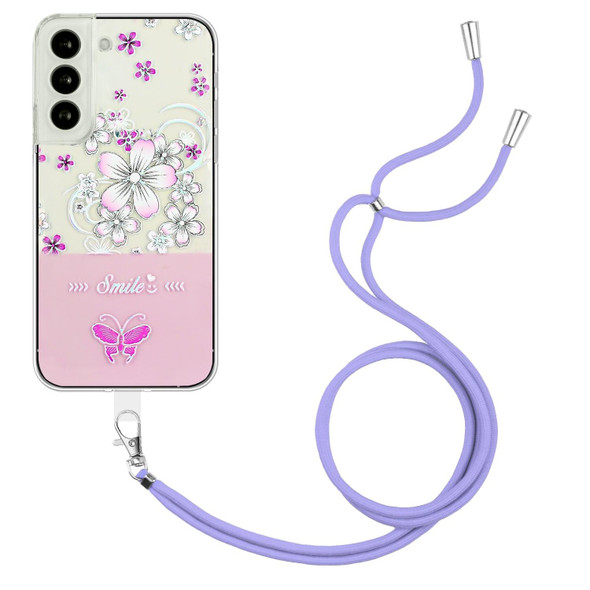For Samsung Galaxy S22+ 5G Bronzing Butterfly Flower TPU Phone Case with Lanyard(Cherry Blossoms)