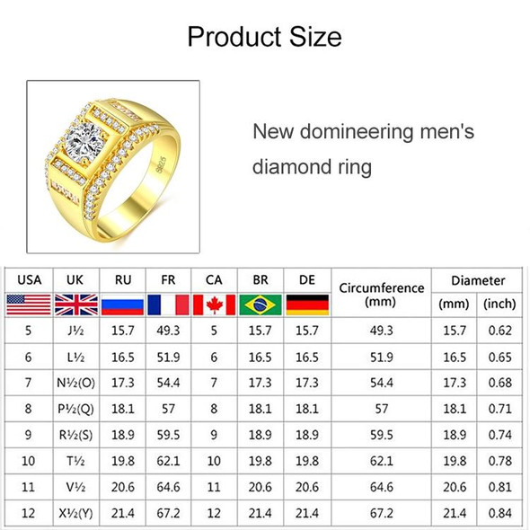 Fashion New Style Gold Plated + AAA Zircon Inlaid Rhinestone Men Diamond Ring, Size: 12, Diameter: 21.4mm, Perimeter: 67.2mm