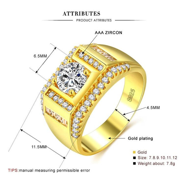 Fashion New Style Gold Plated + AAA Zircon Inlaid Rhinestone Men Diamond Ring, Size: 12, Diameter: 21.4mm, Perimeter: 67.2mm