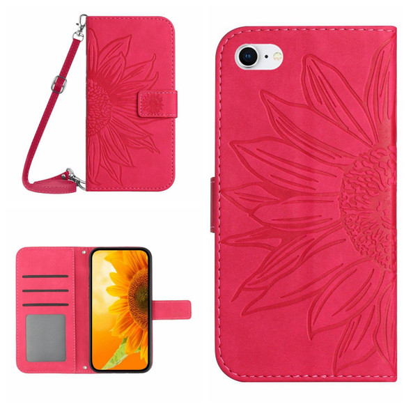 For iPhone 7 / 8 Skin Feel Sun Flower Pattern Flip Leatherette Phone Case with Lanyard(Rose Red)