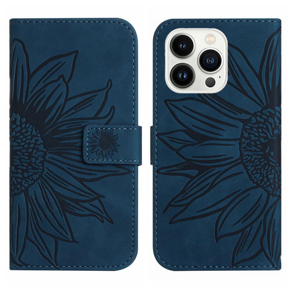 For iPhone 14 Pro Skin Feel Sun Flower Pattern Flip Leatherette Phone Case with Lanyard(Inky Blue)