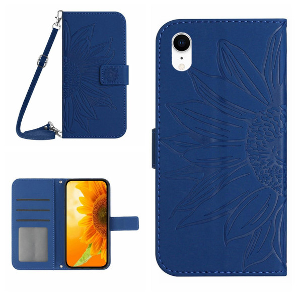 For iPhone XR Skin Feel Sun Flower Pattern Flip Leatherette Phone Case with Lanyard(Dark Blue)