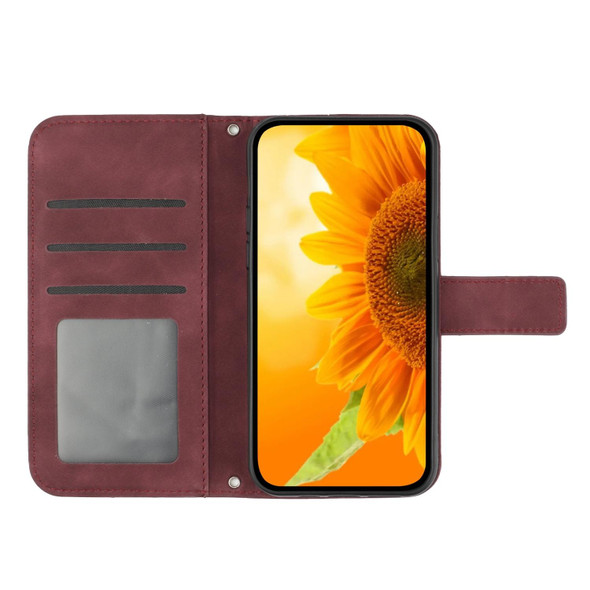 For iPhone 11 Pro Max Skin Feel Sun Flower Pattern Flip Leatherette Phone Case with Lanyard(Wine Red)