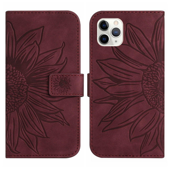 For iPhone 11 Pro Max Skin Feel Sun Flower Pattern Flip Leatherette Phone Case with Lanyard(Wine Red)