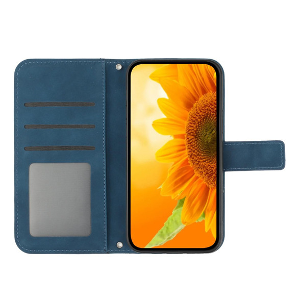 For iPhone 14 Plus Skin Feel Sun Flower Pattern Flip Leatherette Phone Case with Lanyard(Inky Blue)