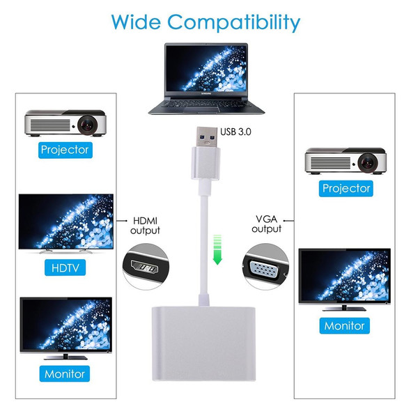 2 in 1 USB 3.0 to HDMI + VGA Adapter(Silver)