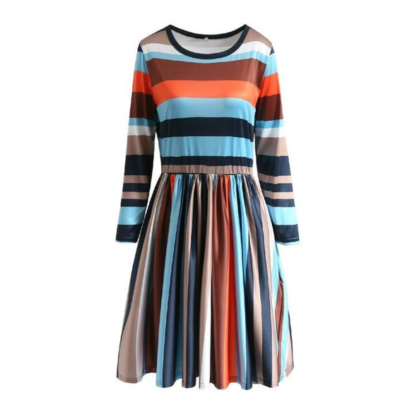 Round Neck Striped Stitching Color Long-sleeved Casual Head A Style Dress, Size: XXL(Blue Stripe)