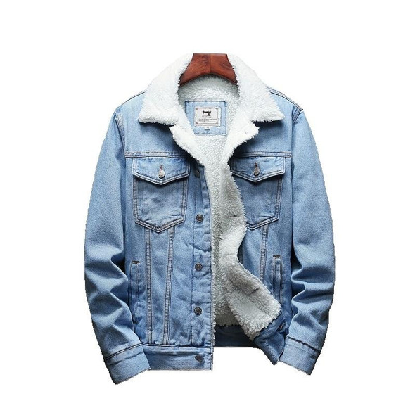 Men Winter Wool Liner Jean Jackets Outerwear Warm Denim Coats, Size:XXXXXL(Sky Blue)